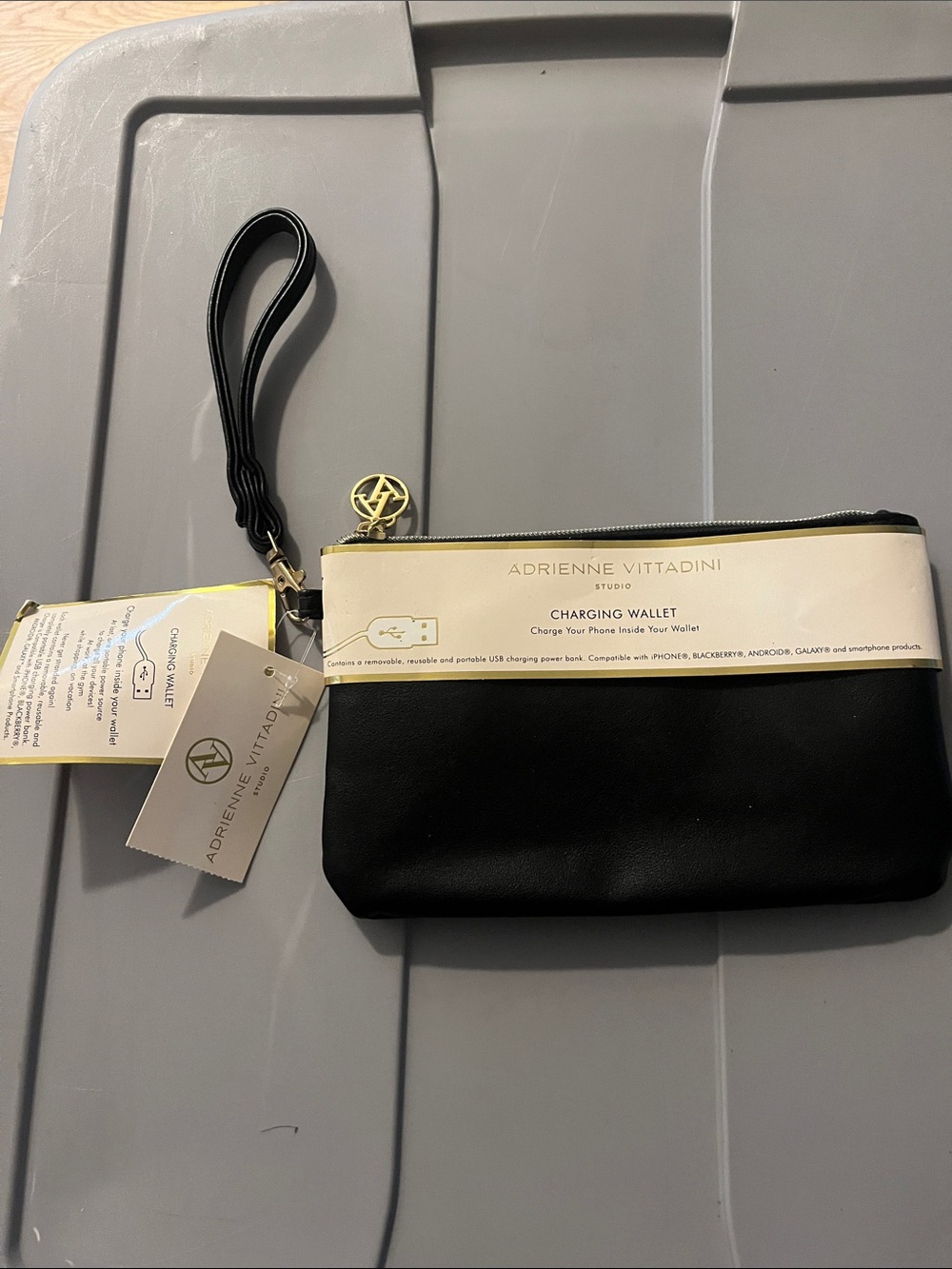 Adrienne Vittadini Black Charging Wallet Wristlet with Gold Accents
